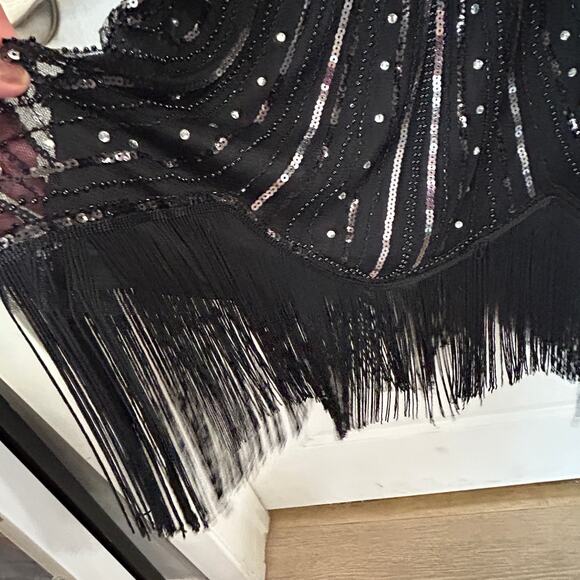 Pretty Guide 2XL Black Bead Silver Sequin Dress Cap Sleeve Fringe Bottom Lined - Picture 14 of 16